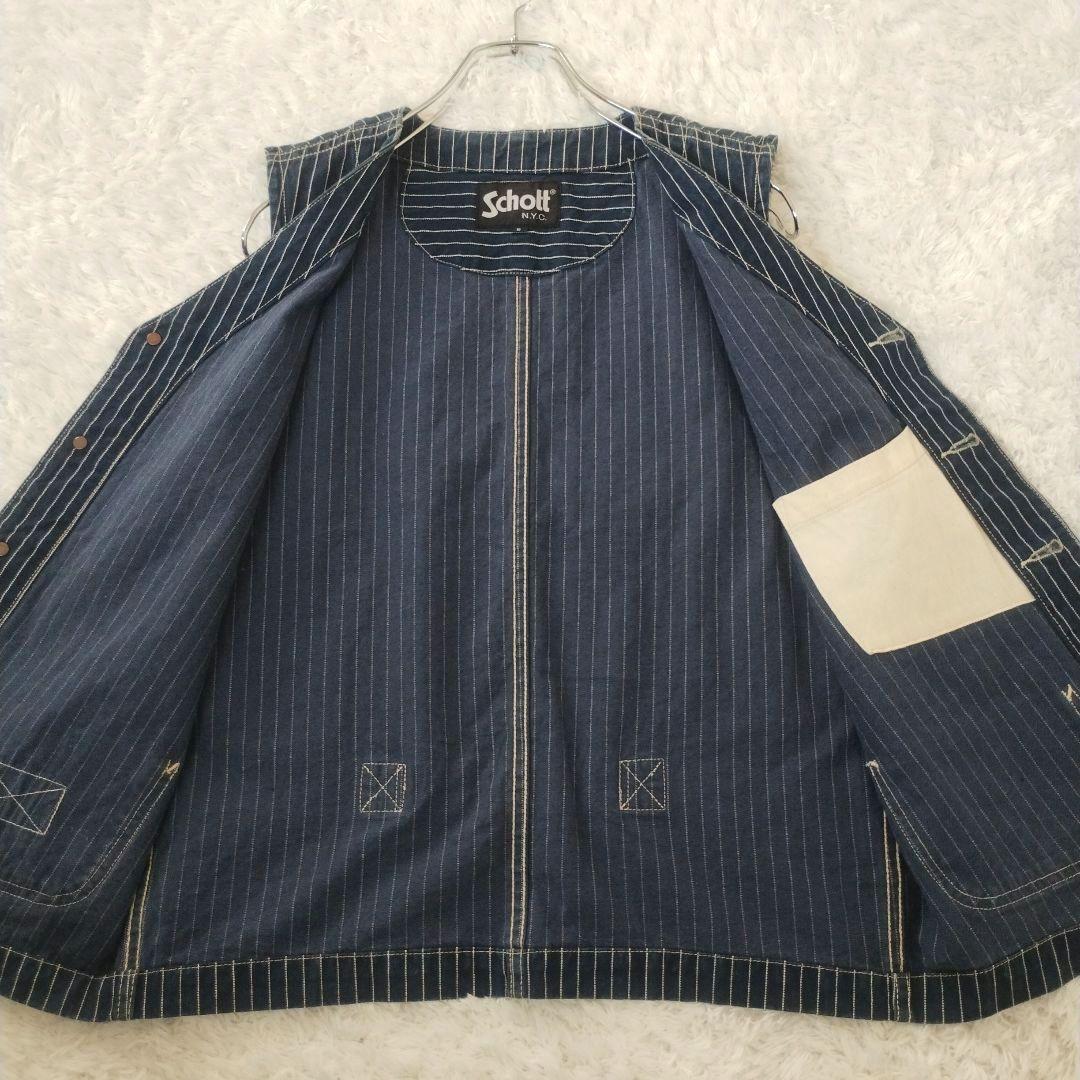 希少☆美品☆Schott　デニムベスト　ヒッコリー　ストライプ　Ｓ　青　ブルー