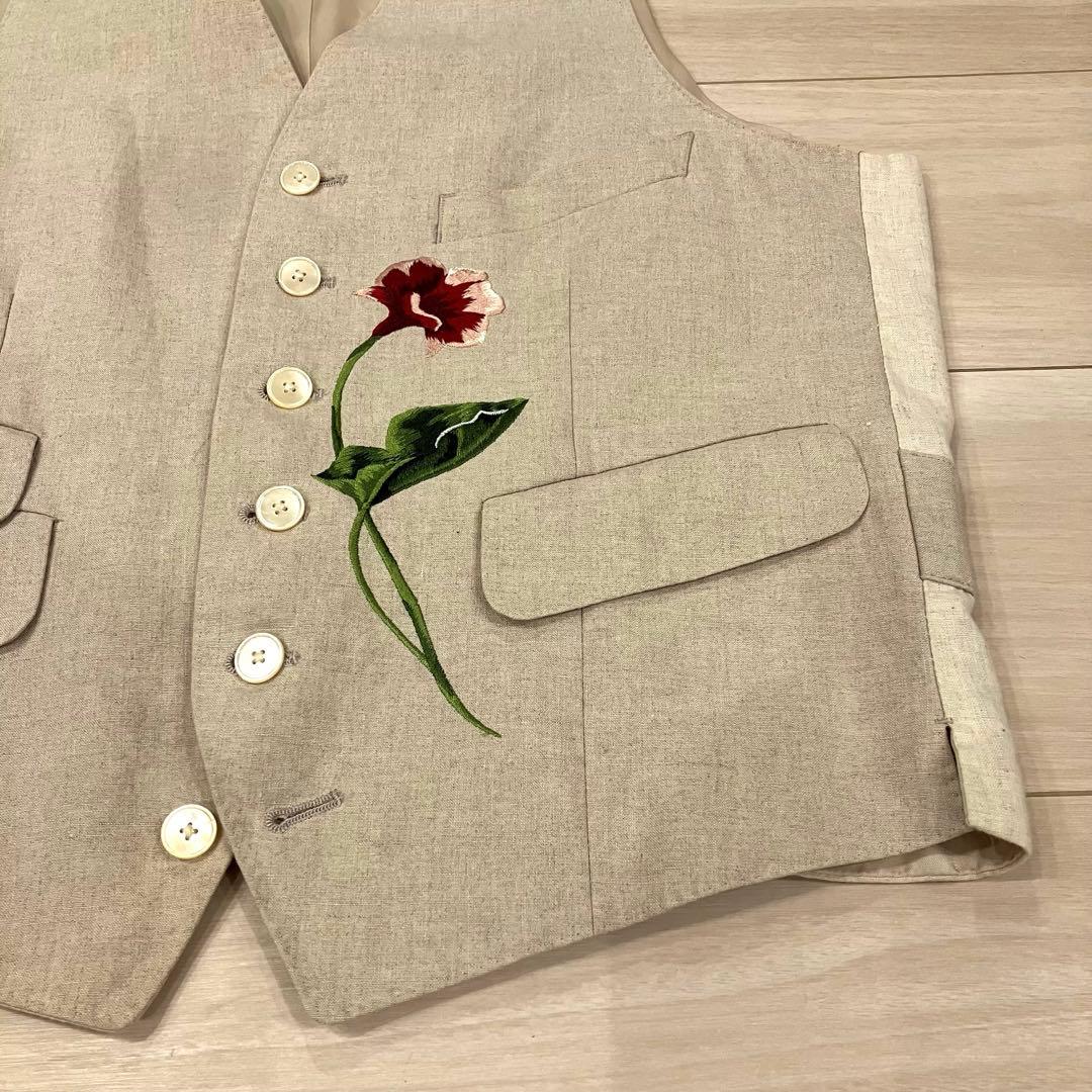 極美品✨ポールスミス ベスト 麻100 花柄 刺繍 ワンポイント ベージュ M