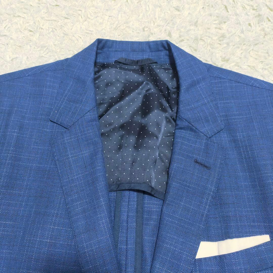 【美品】ヒューゴボス・ジャケット・ポケットチーフ付・ネイビーチェック・2XL~