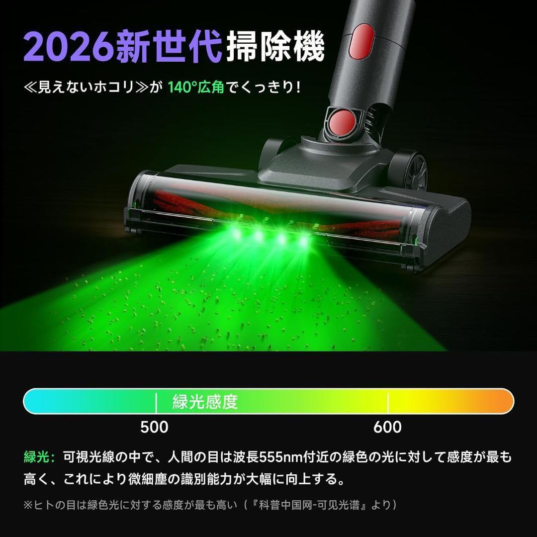 セール中✨掃除機 コードレス 75kPa 強力吸引 軽量 グリーンLED 低騒音