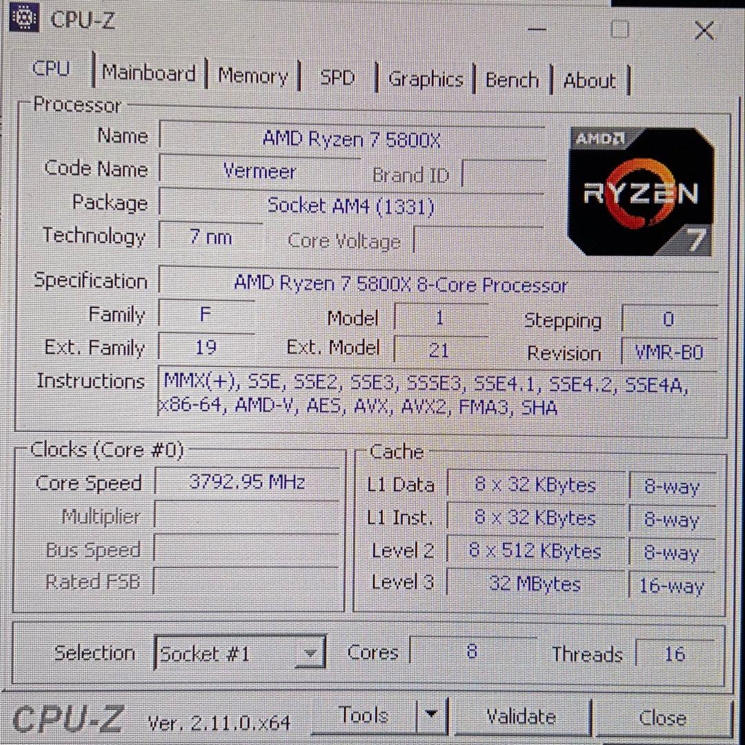 AMD Ryzen 7 5800X CPU【本体のみ・動作品】