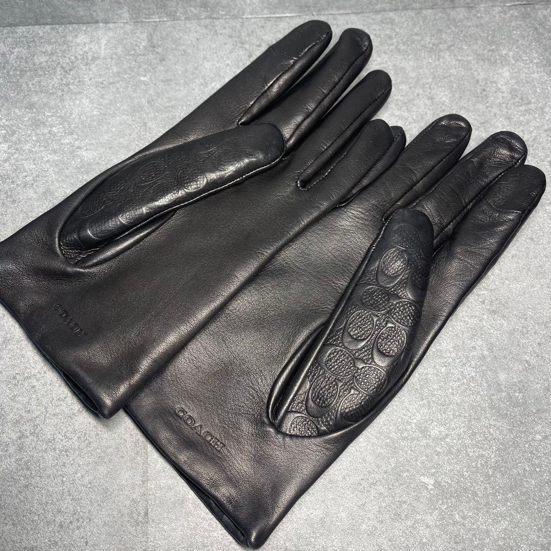 COACH レザーグローブ 手袋 メンズ 黒 ロゴ型押し175/180