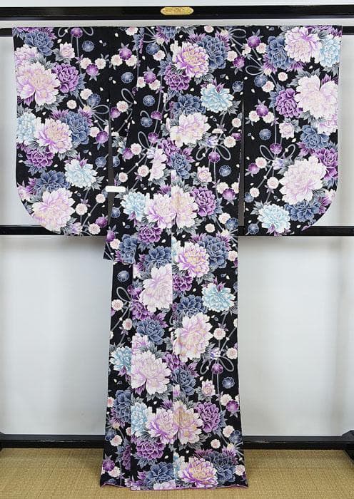 中振袖 洗える 花柄金箔縁取り ロング丈 袷のきもの ポリエステル 12237