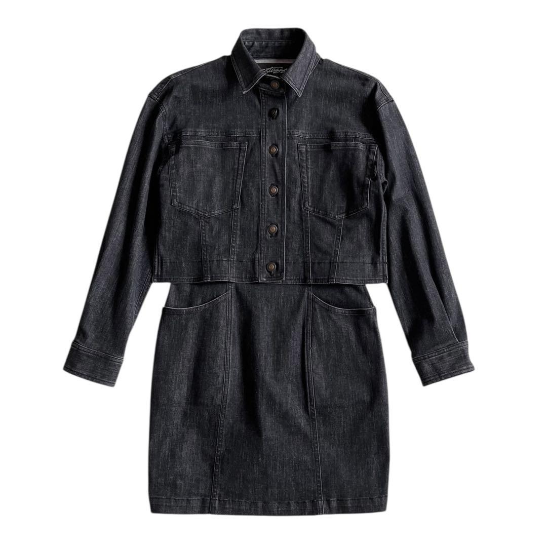 STUSSY ワールドツアー デニムワンピース S ブラック ストレッチ ロゴ