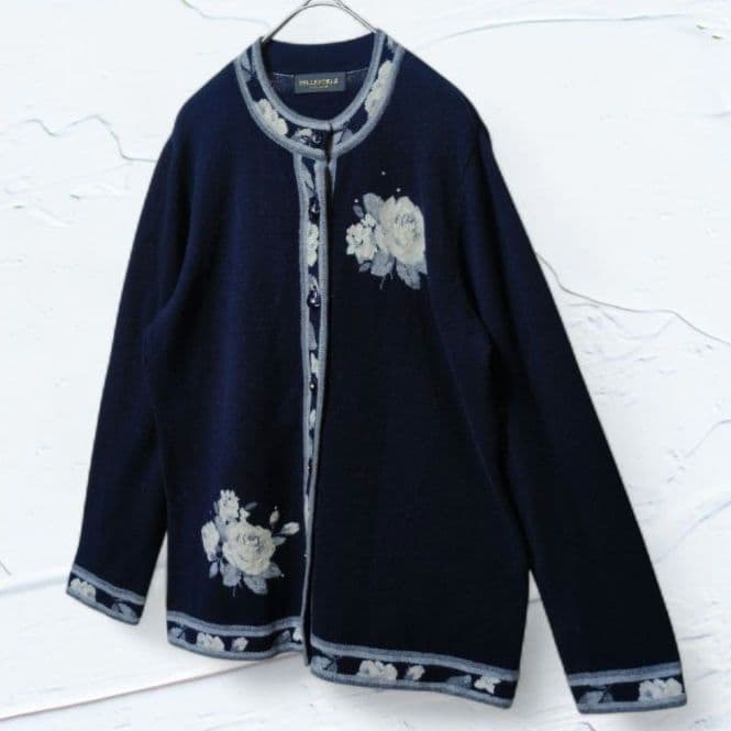 ❤美品❤最高級カシミヤ100%ベルフォーレ花柄カーディガン 濃紺ラインストーンF