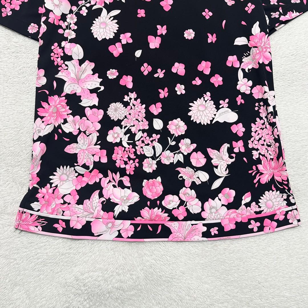 美品 LEONARD トリム 花柄 プリント 半袖 Tシャツ 38 ブラック