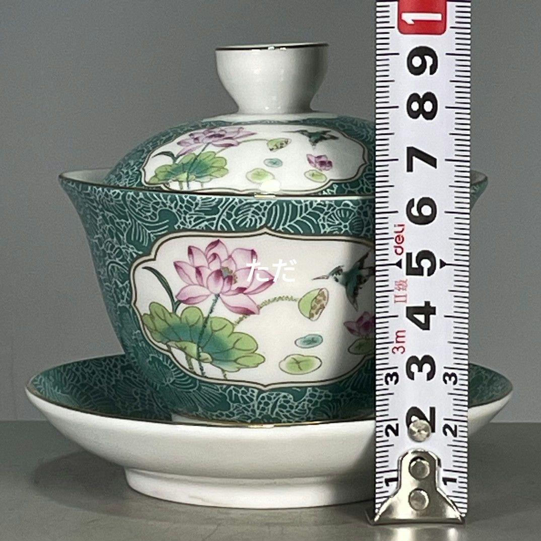 エナメル彩荷模様三才蓋碗 中国茶器景徳镇 蓋付き茶器 飲茶食器 煎茶具 未使用品