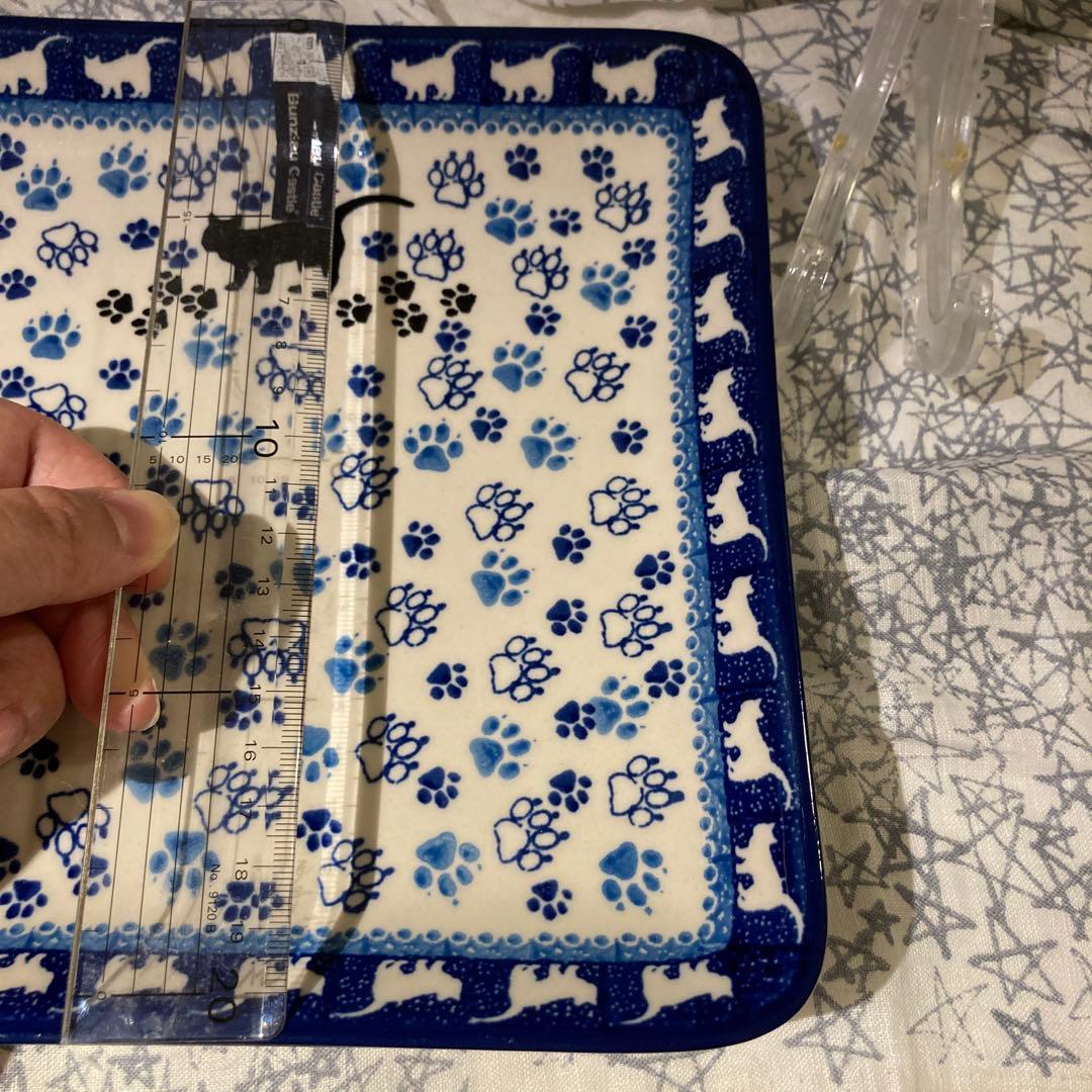 Bunzlau Castle 猫と足跡のプレート 1枚　ポーリッシュポタリー