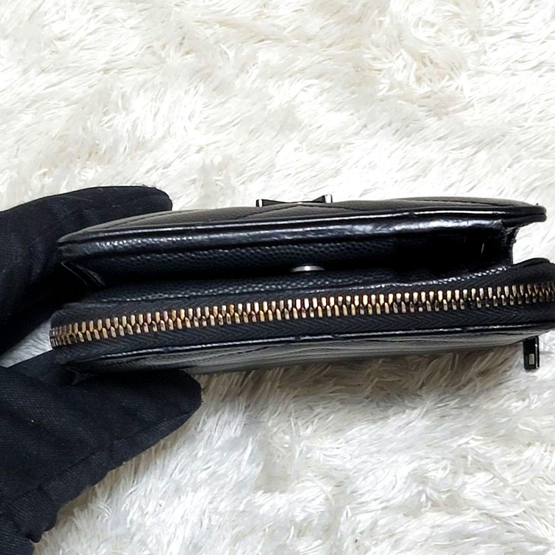 極美品 サンローラン YSL Vステッチ 二つ折り財布 キャビアスキン 黒
