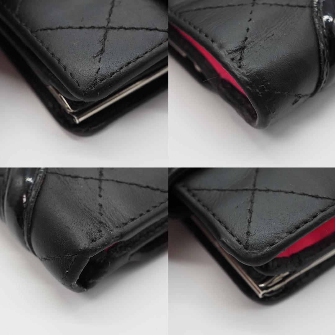 CHANEL カンボンライン コンパクト がま口 二つ折り財布 黒×ピンク