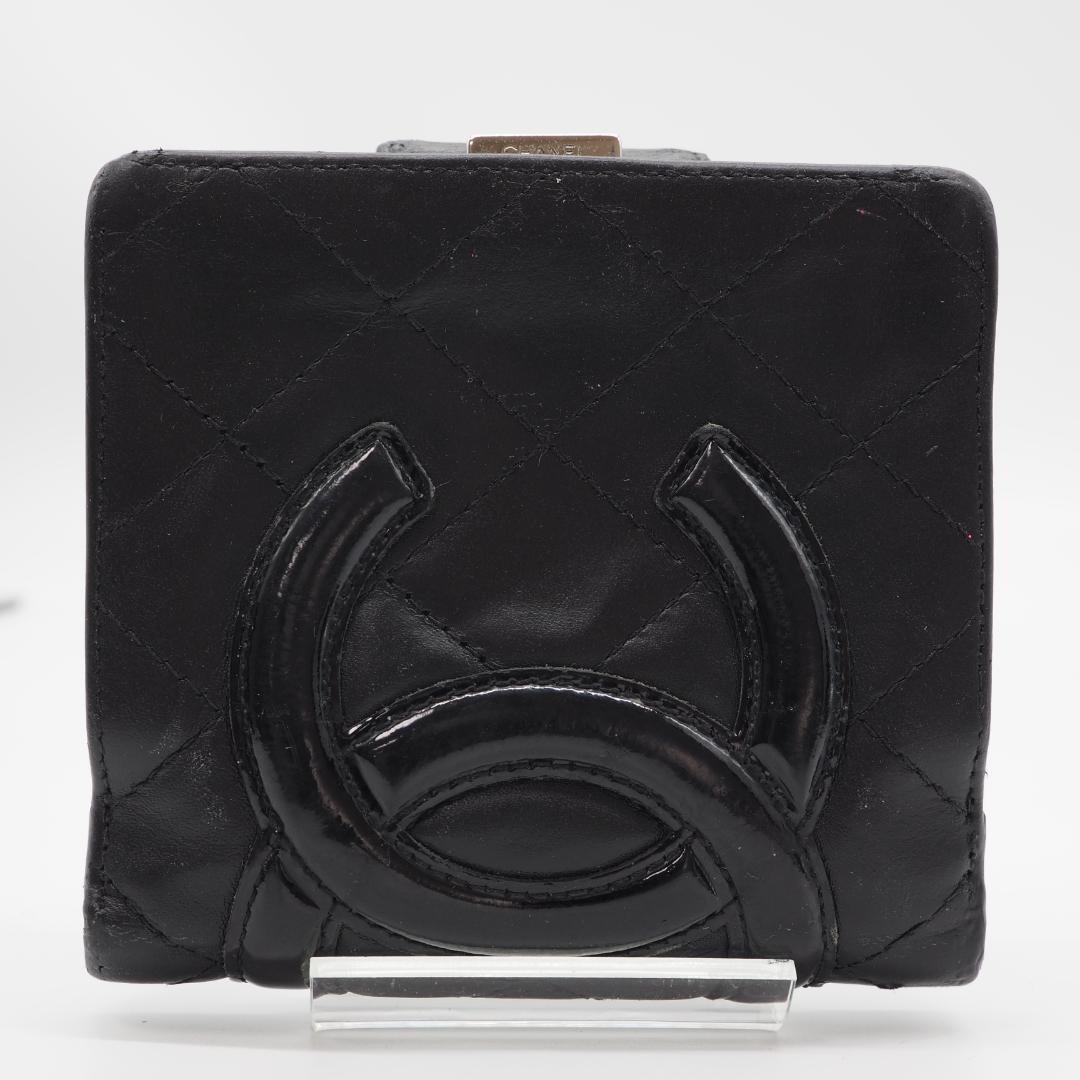 CHANEL カンボンライン コンパクト がま口 二つ折り財布 黒×ピンク