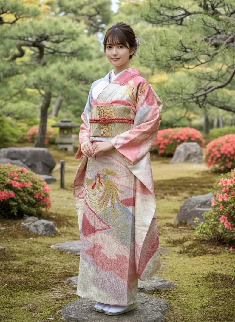 千總 白×ピンク地×ブルー 桶絞り 鳳凰 金駒刺繍 振袖 川島織物フルセット