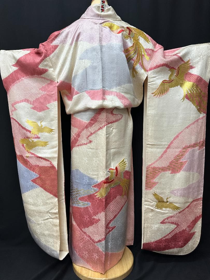 千總 白×ピンク地×ブルー 桶絞り 鳳凰 金駒刺繍 振袖 川島織物フルセット