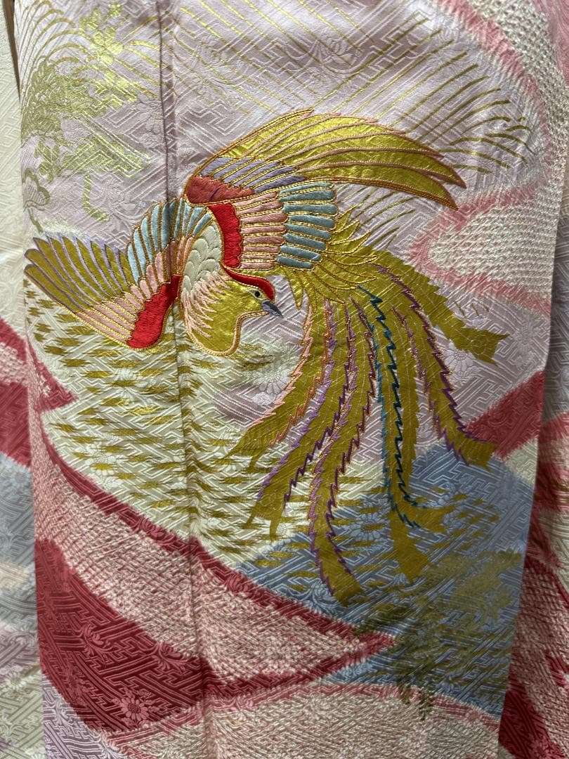 千總 白×ピンク地×ブルー 桶絞り 鳳凰 金駒刺繍 振袖 川島織物フルセット