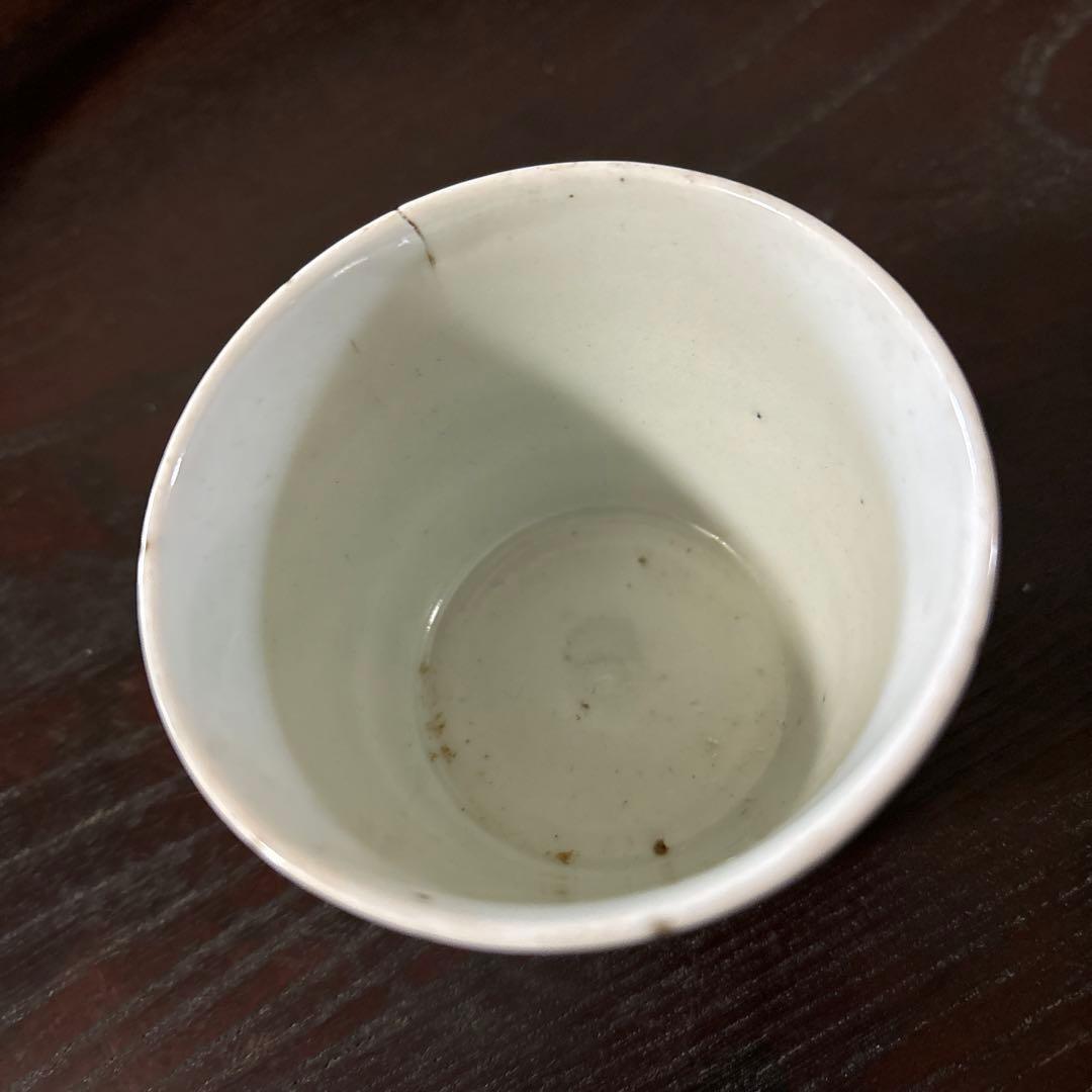 古伊万里染付　格子縞　蔓草文　③窯傷　蕎麦猪口　江戸アンティーク　白磁　李朝
