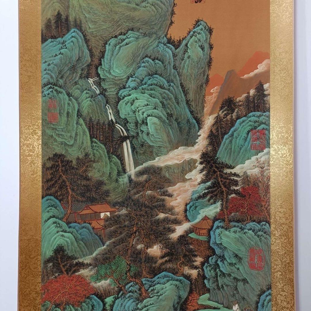 唐寅 幽谷碧山 掛軸 77×175cm 証書付