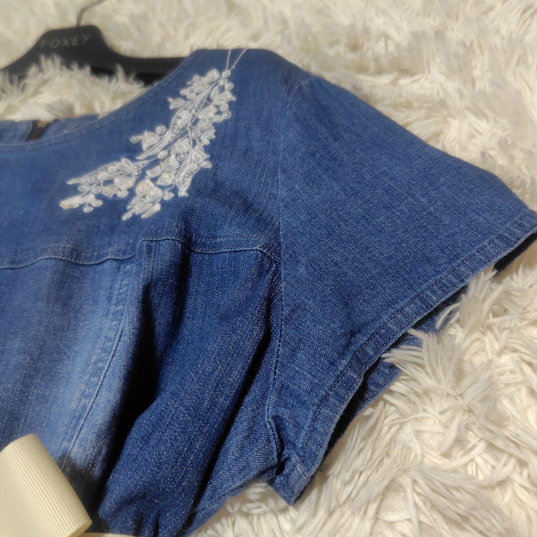 【美品♡希少42】ローズティアラ フラワー刺繍デニムフレアワンピース　ブルー