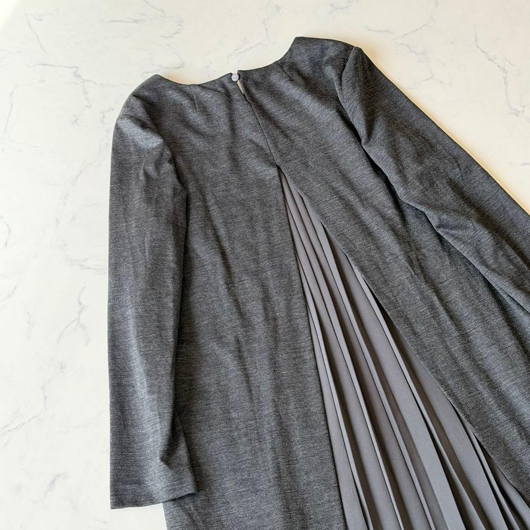leilian レリアン 長袖ワンピース グレー L バックプリーツ 膝丈
