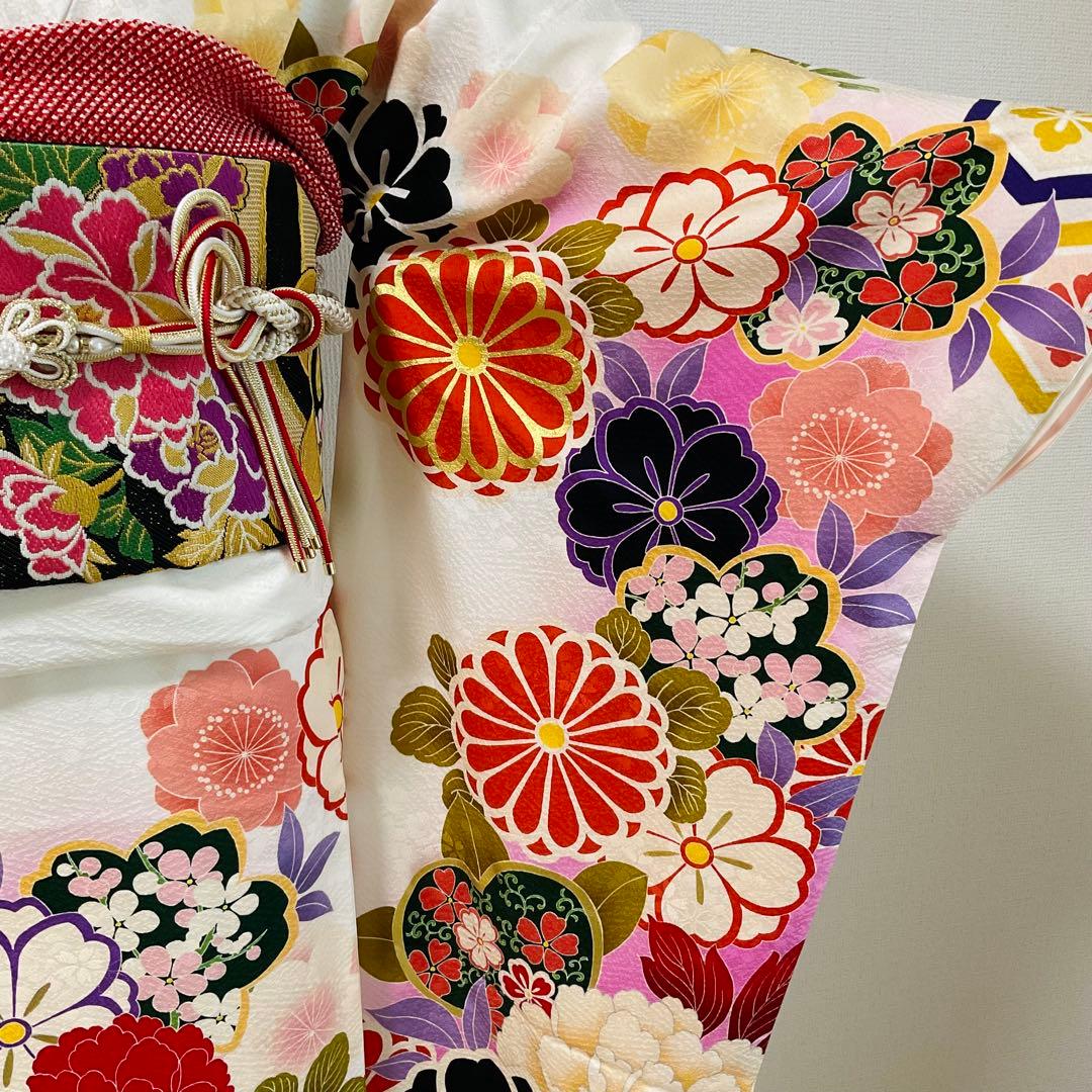 振袖6点フルセット　白系　牡丹　桜　古典柄　刺繍　紫野美術工芸　正絹