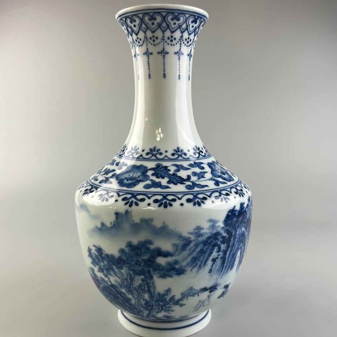中国 山水 瓶 染付 花瓶
