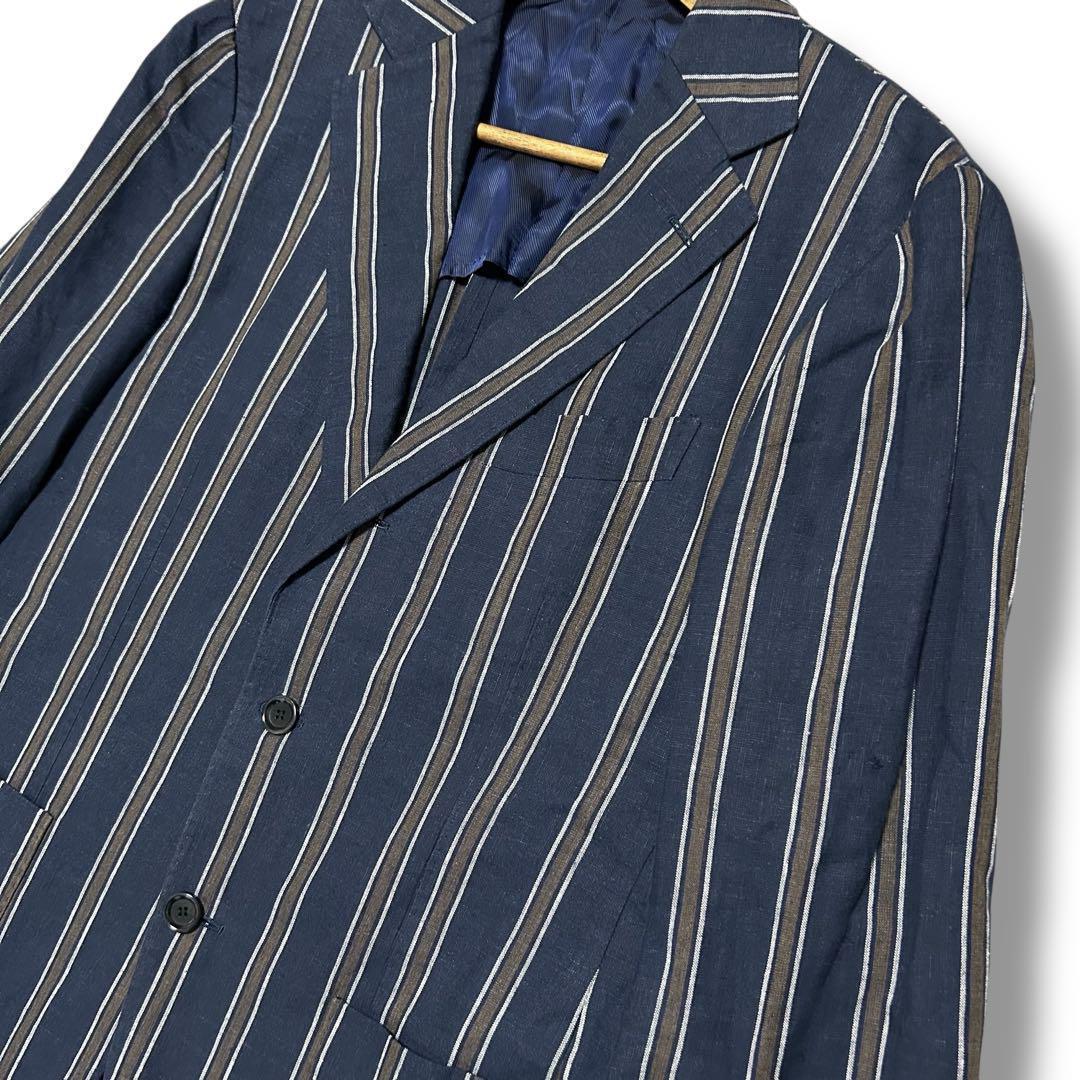 【美品】BEAMS F リネンコットン ストライプ テーラードジャケット