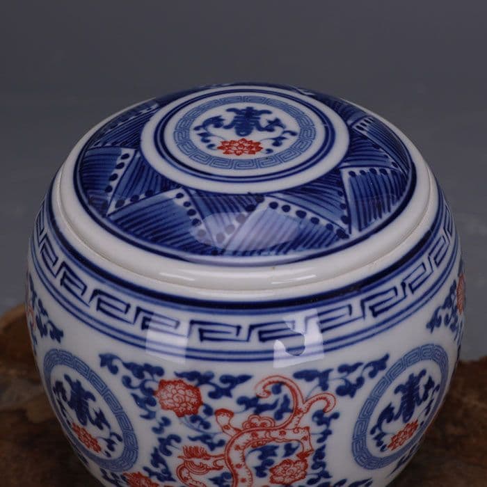 大清康熙青花釉里紅草竜紋蓋缶 茶葉缶 景徳鎮 陶磁器 装飾品 現代工芸品 置物