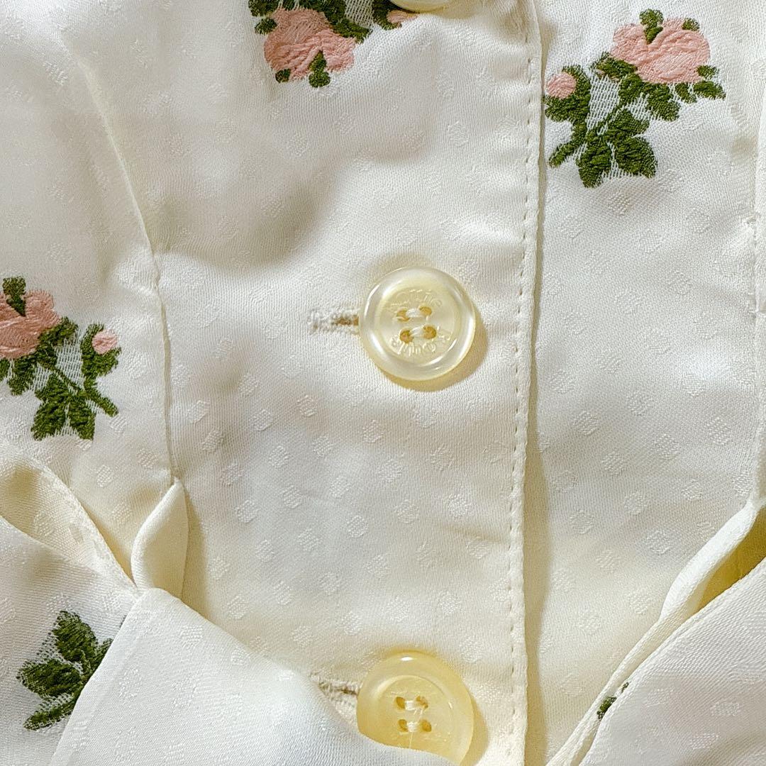 タグ付♡Rouje 花柄ワンピース 刺繍 半袖 ウエストリボン 上品 開襟 36