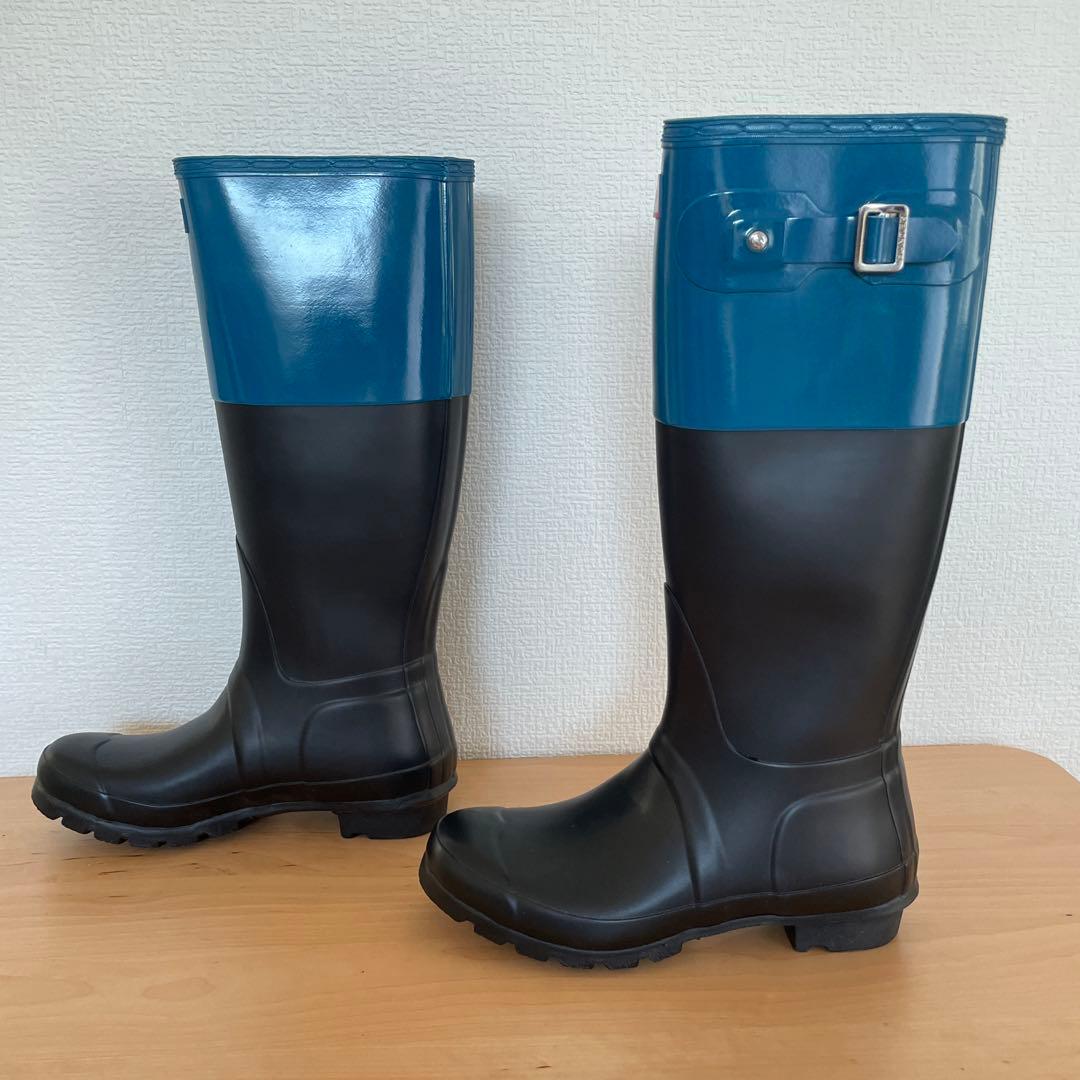 【未使用級】HUNTER ハンター　レインブーツ　バイカラー　ブラック　ブルー