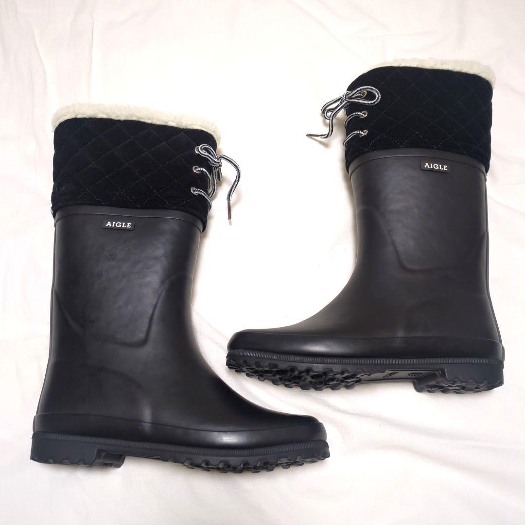 AIGLE 長靴 ラバーブーツ スノーブーツ ボア ブラック 23.0cm