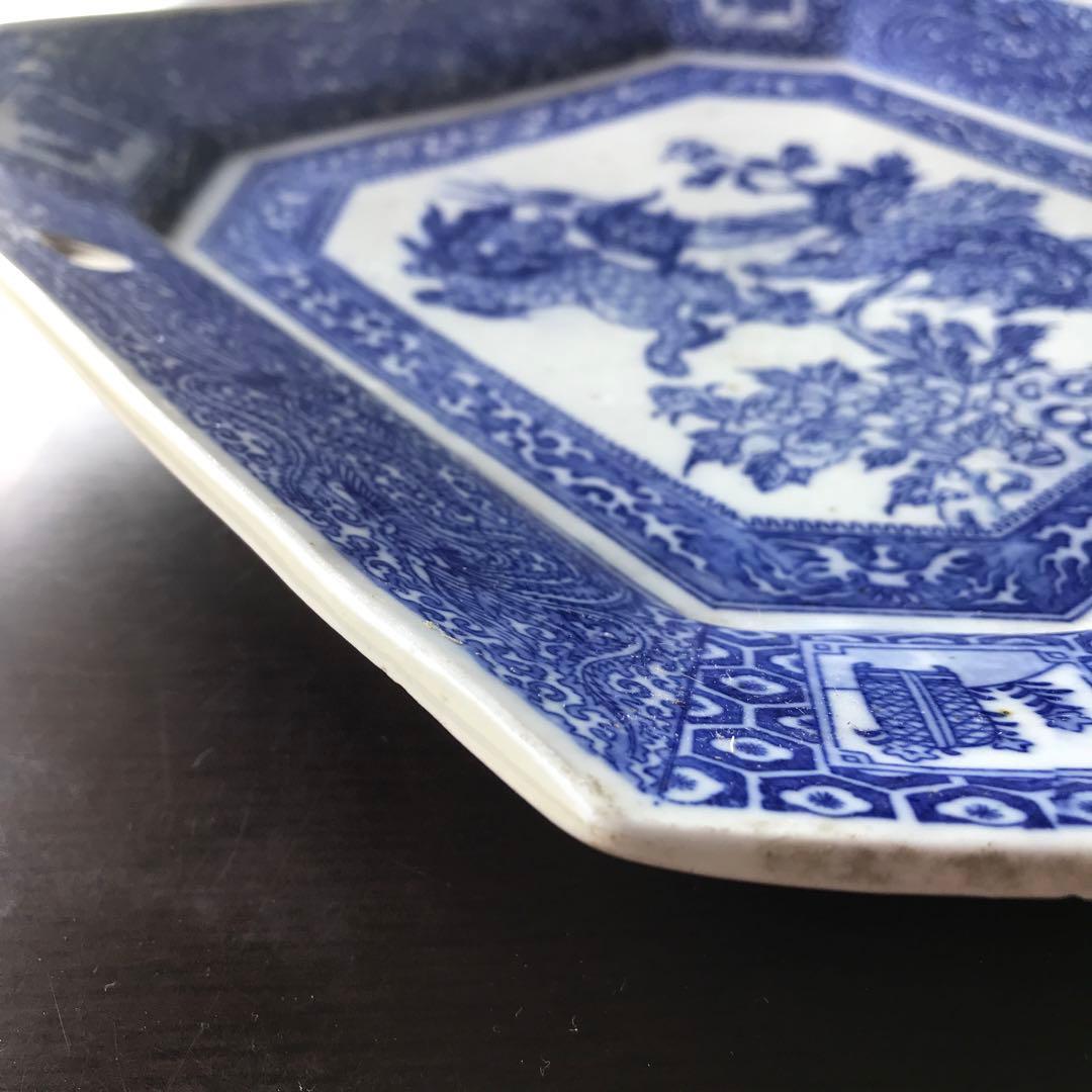 美品　陶器　年代物　八角絵皿　丁寧に描かれた獅子や牡丹の絵柄が素敵な　古道具