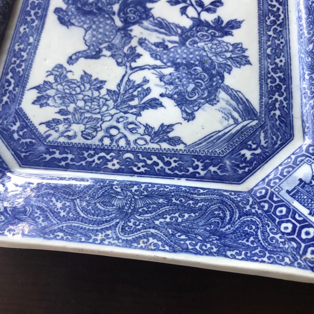 美品　陶器　年代物　八角絵皿　丁寧に描かれた獅子や牡丹の絵柄が素敵な　古道具