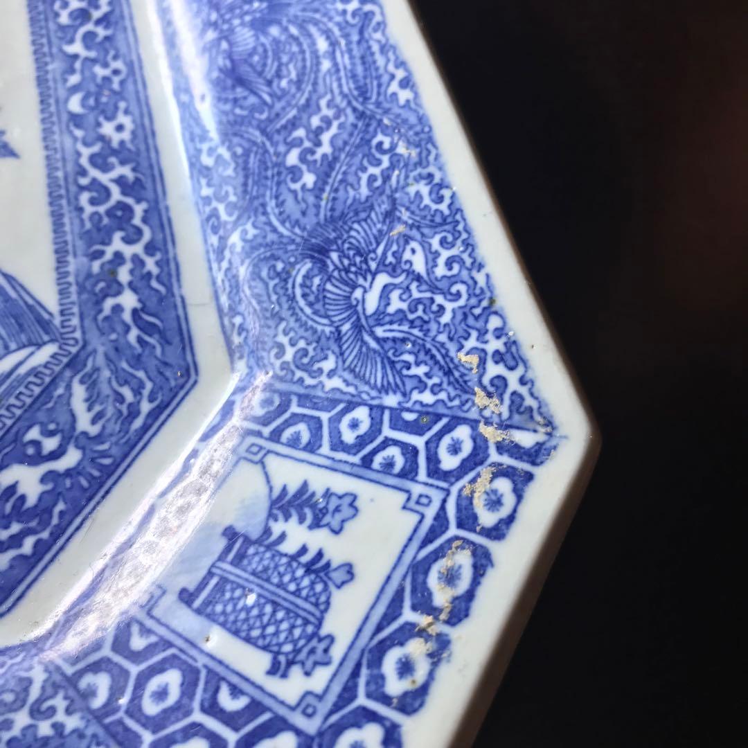 美品　陶器　年代物　八角絵皿　丁寧に描かれた獅子や牡丹の絵柄が素敵な　古道具
