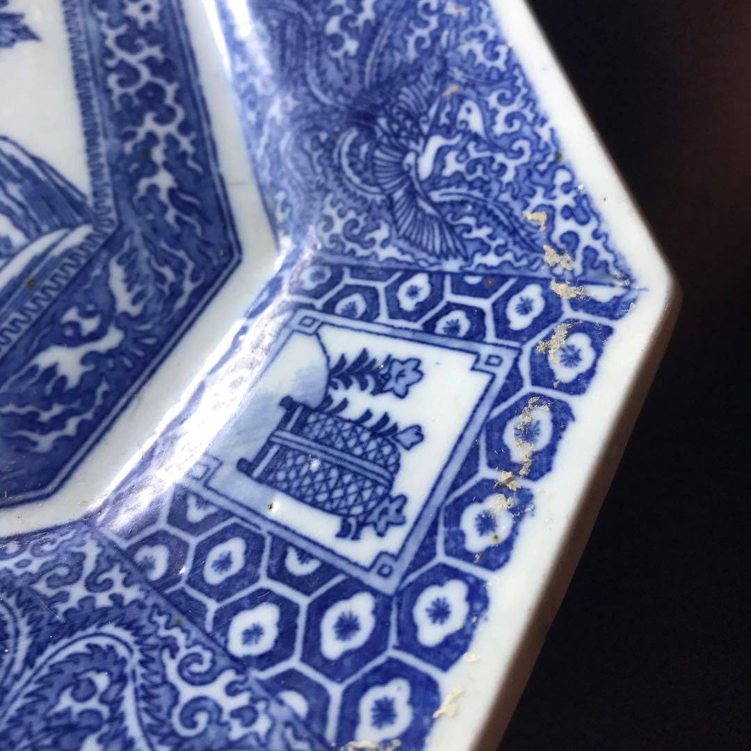 美品　陶器　年代物　八角絵皿　丁寧に描かれた獅子や牡丹の絵柄が素敵な　古道具