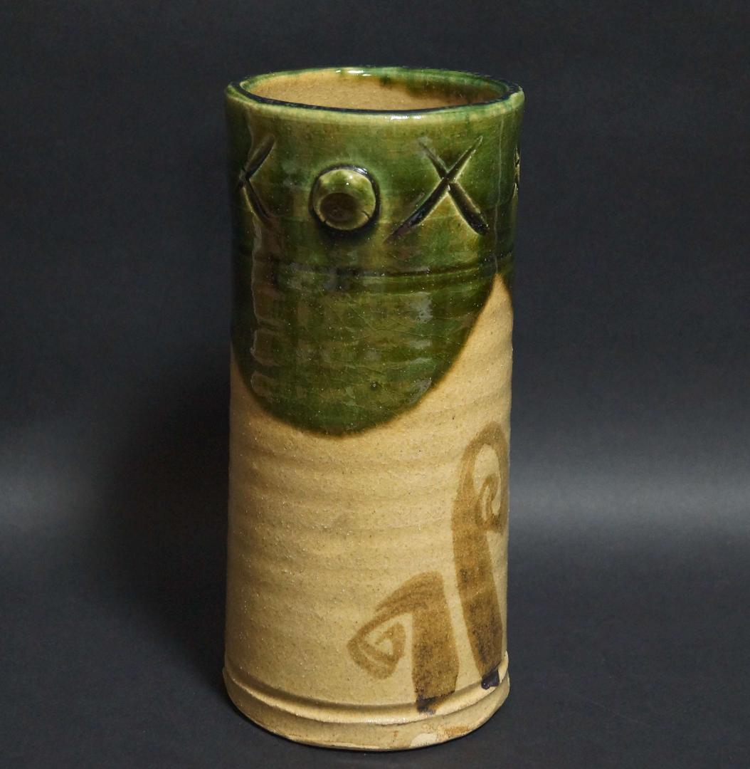 織部焼 児島塊太郎造 色絵 双耳 花瓶 花入 花生 壷 壺 花器 共箱