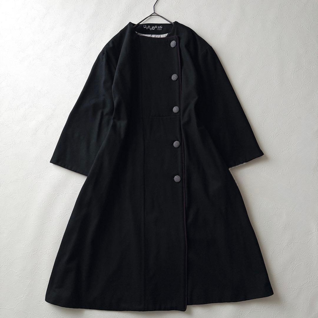 美品✨ふりふ 裏地総柄 花柄 ロングコート ウール 黒 M ベルトなし