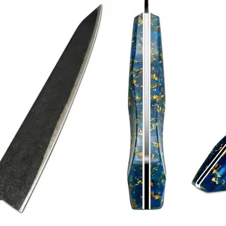 V金10号 ７層ダマスカス鋼 黒染め 切付 牛刀 23cm 包丁 青金箔G10柄