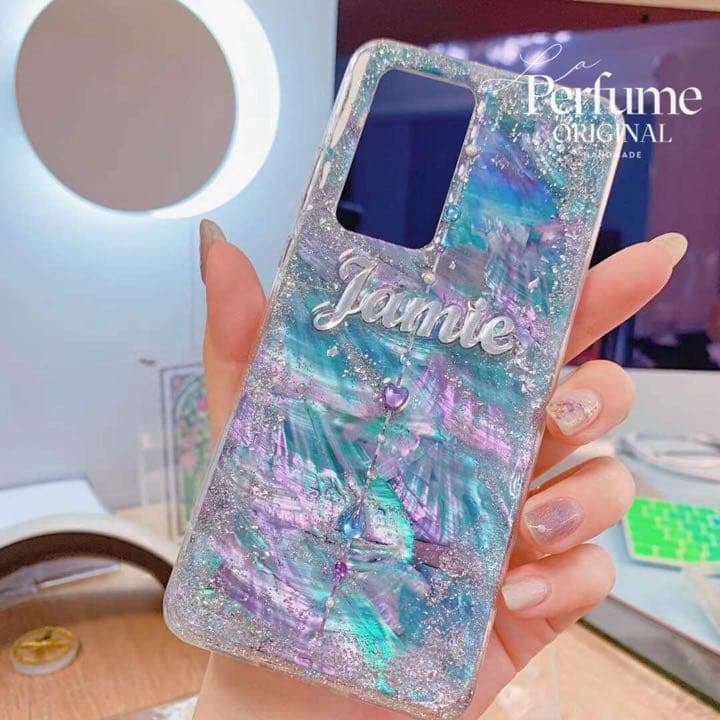 名入れ♡天然シェル✨キラキラ ハートドロップチャーム ブルー♡iPhoneケース