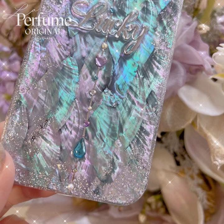 名入れ♡天然シェル✨キラキラ ハートドロップチャーム ブルー♡iPhoneケース