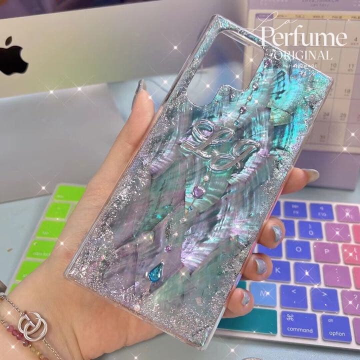 名入れ♡天然シェル✨キラキラ ハートドロップチャーム ブルー♡iPhoneケース