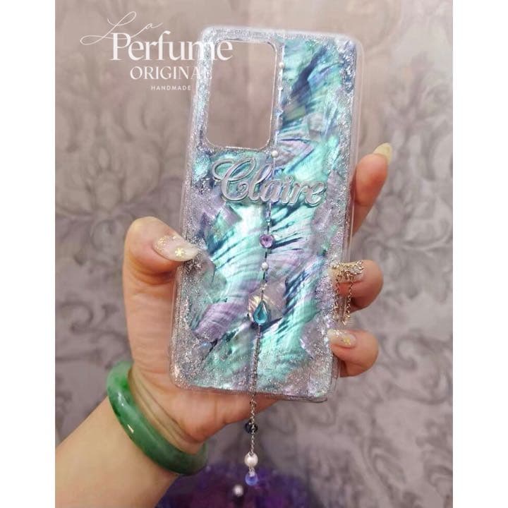 名入れ♡天然シェル✨キラキラ ハートドロップチャーム ブルー♡iPhoneケース
