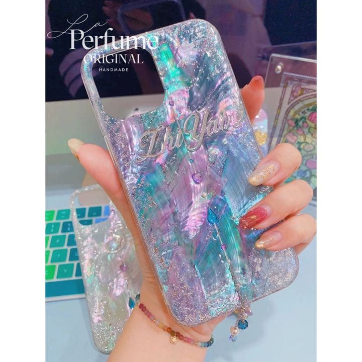 名入れ♡天然シェル✨キラキラ ハートドロップチャーム ブルー♡iPhoneケース