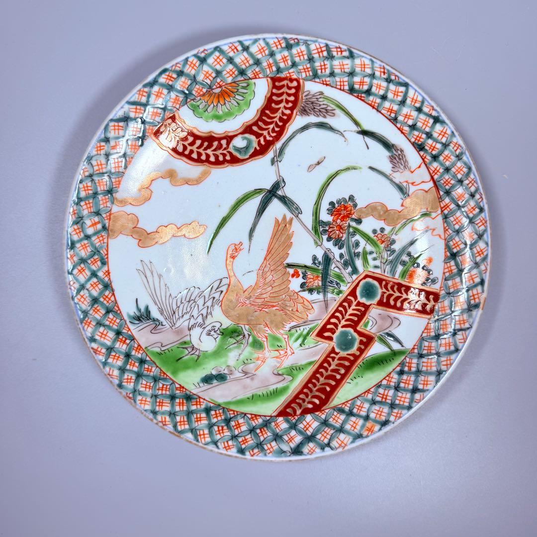 古伊万里　色絵アヒル文様丸皿　5枚　直径18.7㎝　七宝文　珍しい絵付