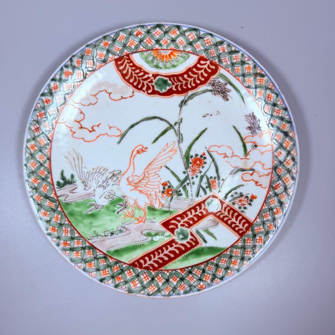 古伊万里　色絵アヒル文様丸皿　5枚　直径18.7㎝　七宝文　珍しい絵付