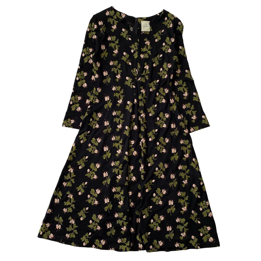美品 Sybilla シビラ 花柄 刺繍 ニット ワンピース 黒 L