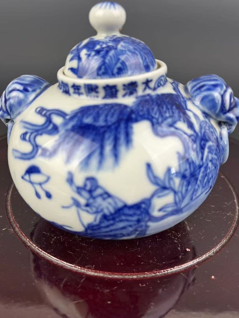 青花人物物語双獅耳蓋缶 茶道具 景徳鎮 陶磁器 装飾品 現代工芸品 美術品 置物
