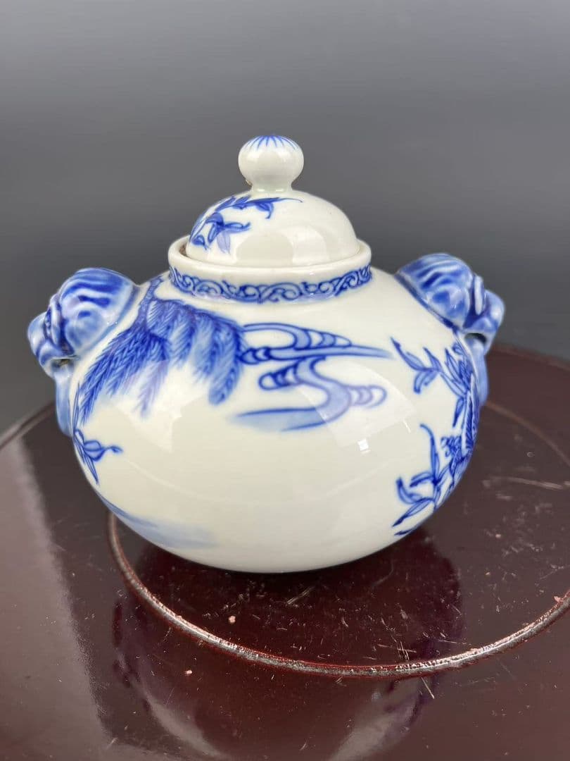 青花人物物語双獅耳蓋缶 茶道具 景徳鎮 陶磁器 装飾品 現代工芸品 美術品 置物