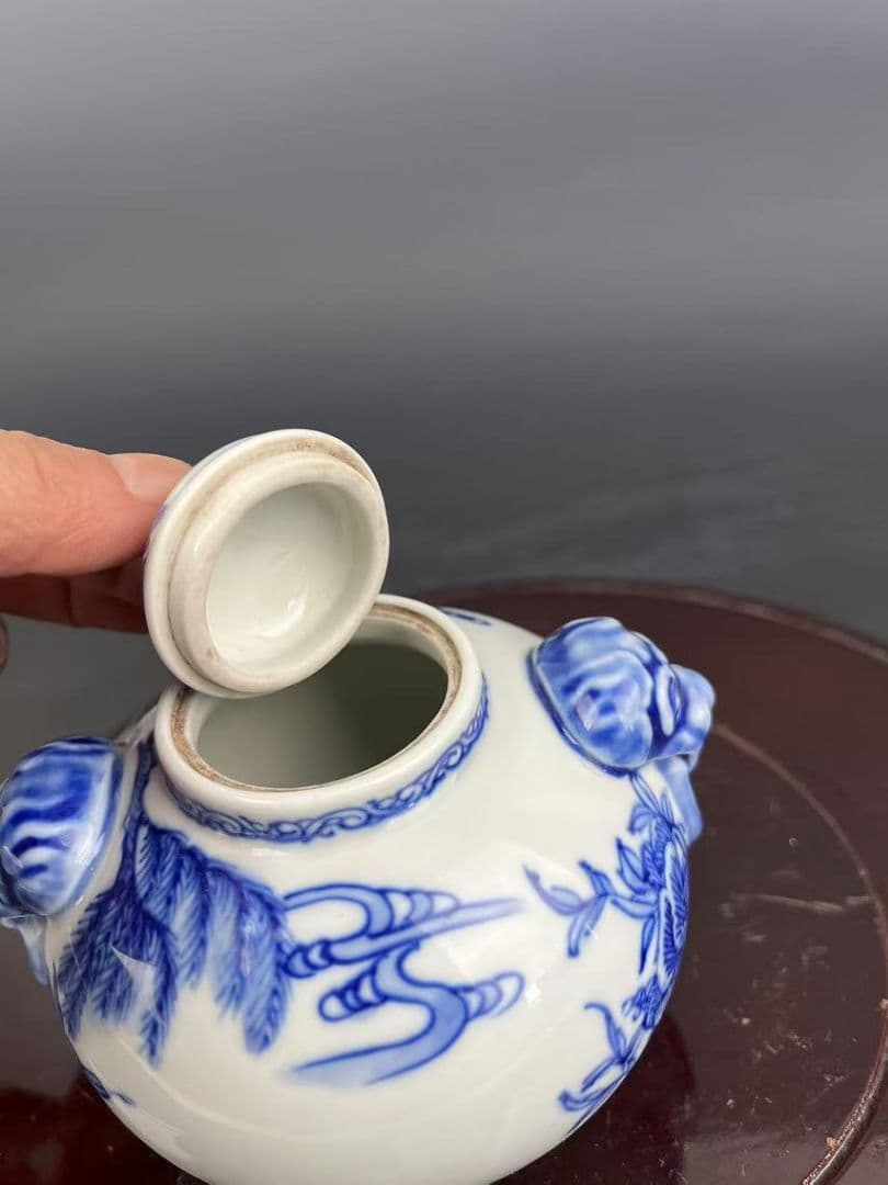 青花人物物語双獅耳蓋缶 茶道具 景徳鎮 陶磁器 装飾品 現代工芸品 美術品 置物