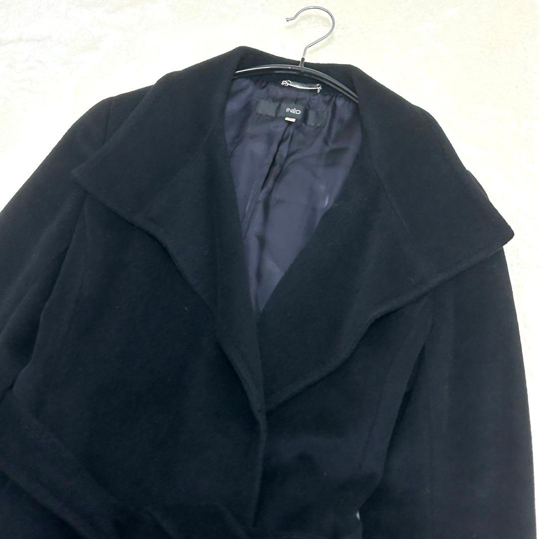 【美品】イネド アンゴラ ウール ベルト付きロングコート ブラックLサイズ