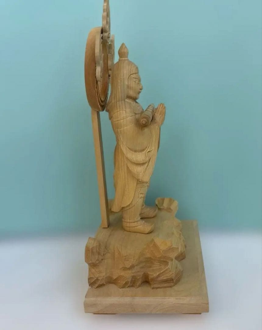柘植 木彫り 韋駄天像 19cm 仏像 置物 開運 守護 仏教美術 木彫