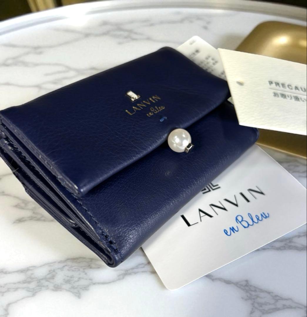 未使用✨ランバンオンブルー　三つ折りミニ財布 シャペル　ネイビー　パール　レザー